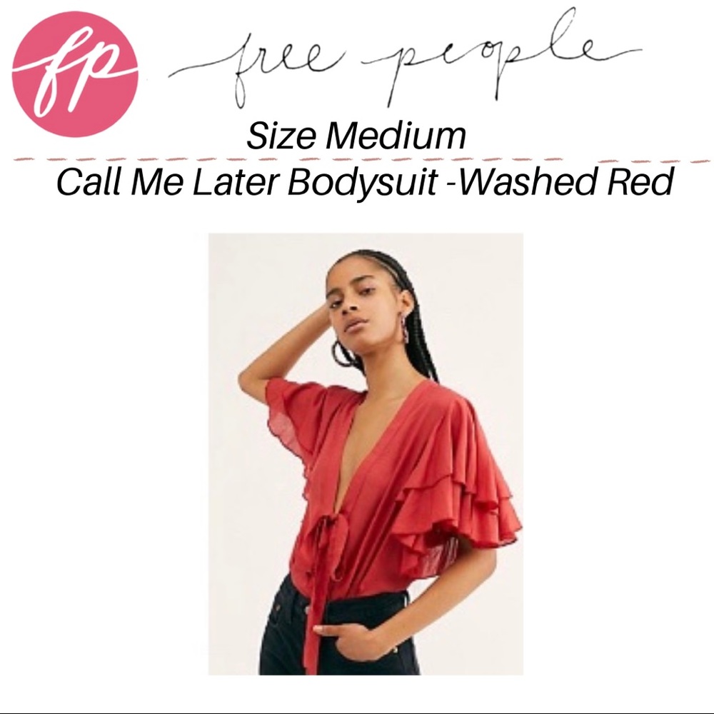 Free People “Call me Layer” Red Flutter Sleeve Bodysuit, Ribbon,  tie front bow